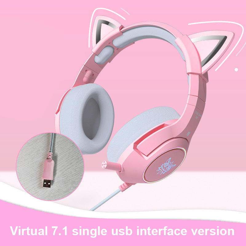 Pink Girl Headset Cat Ear Headset Cute Girl Heart Gaming Gaming Headset Comfortable Leather Earmuffs Cat Ears USB 7.1