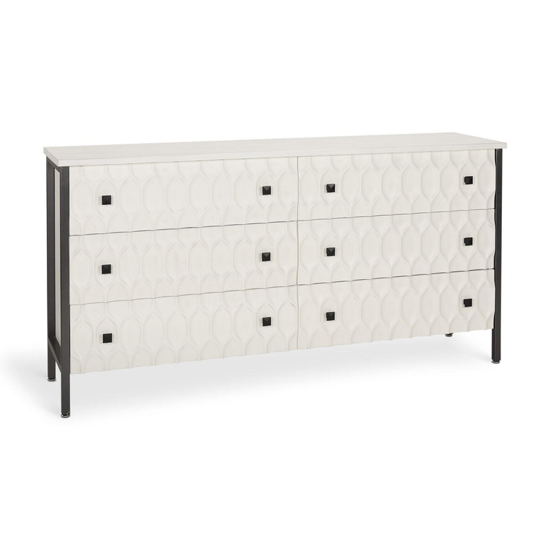 63" Gray And White Wood Carved Geometric Six Drawer Sideboard - Kitchen & Dining