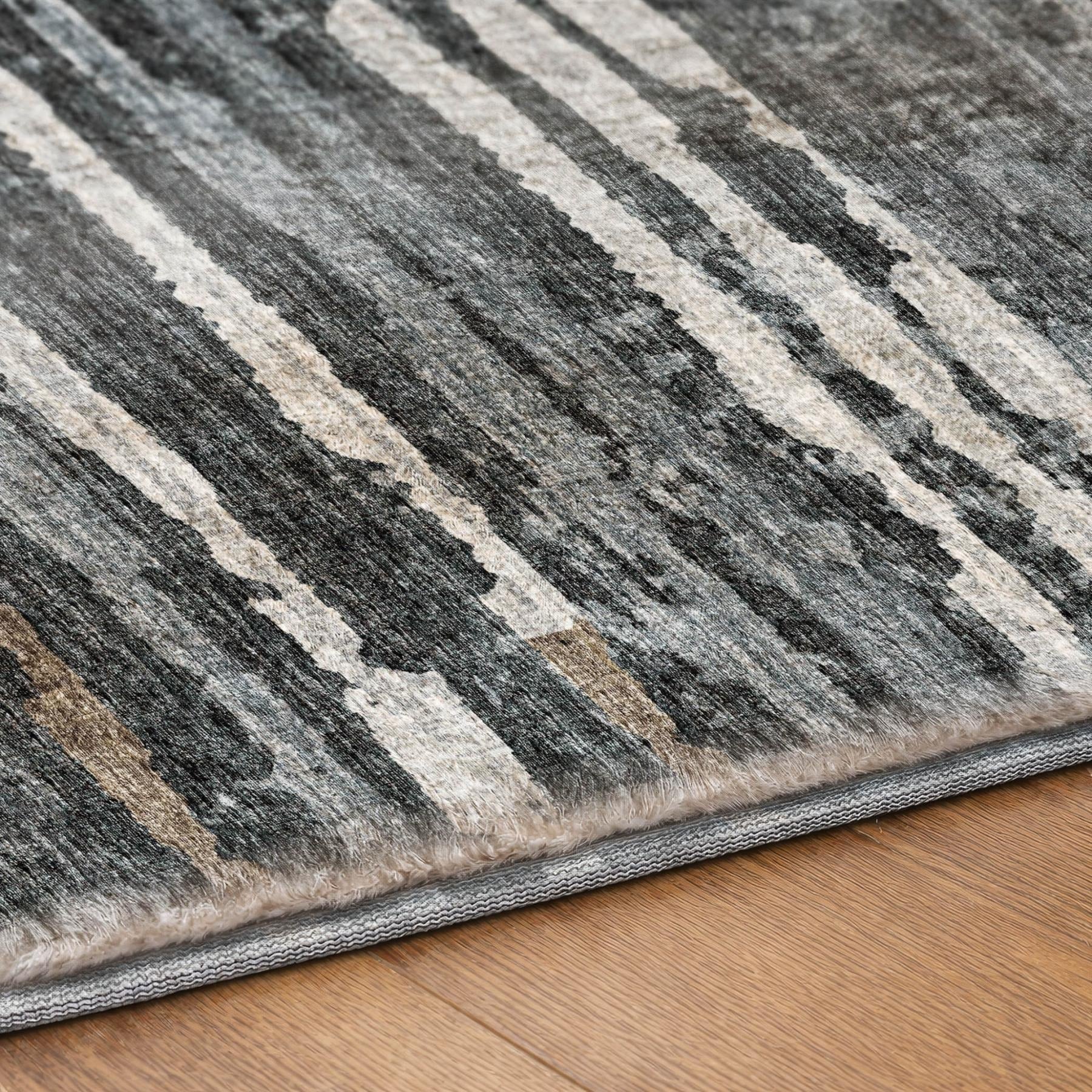 5' X 8' Gray And Charcoal Striped Shag Washable Area Rug With UV Protection - Home & Garden