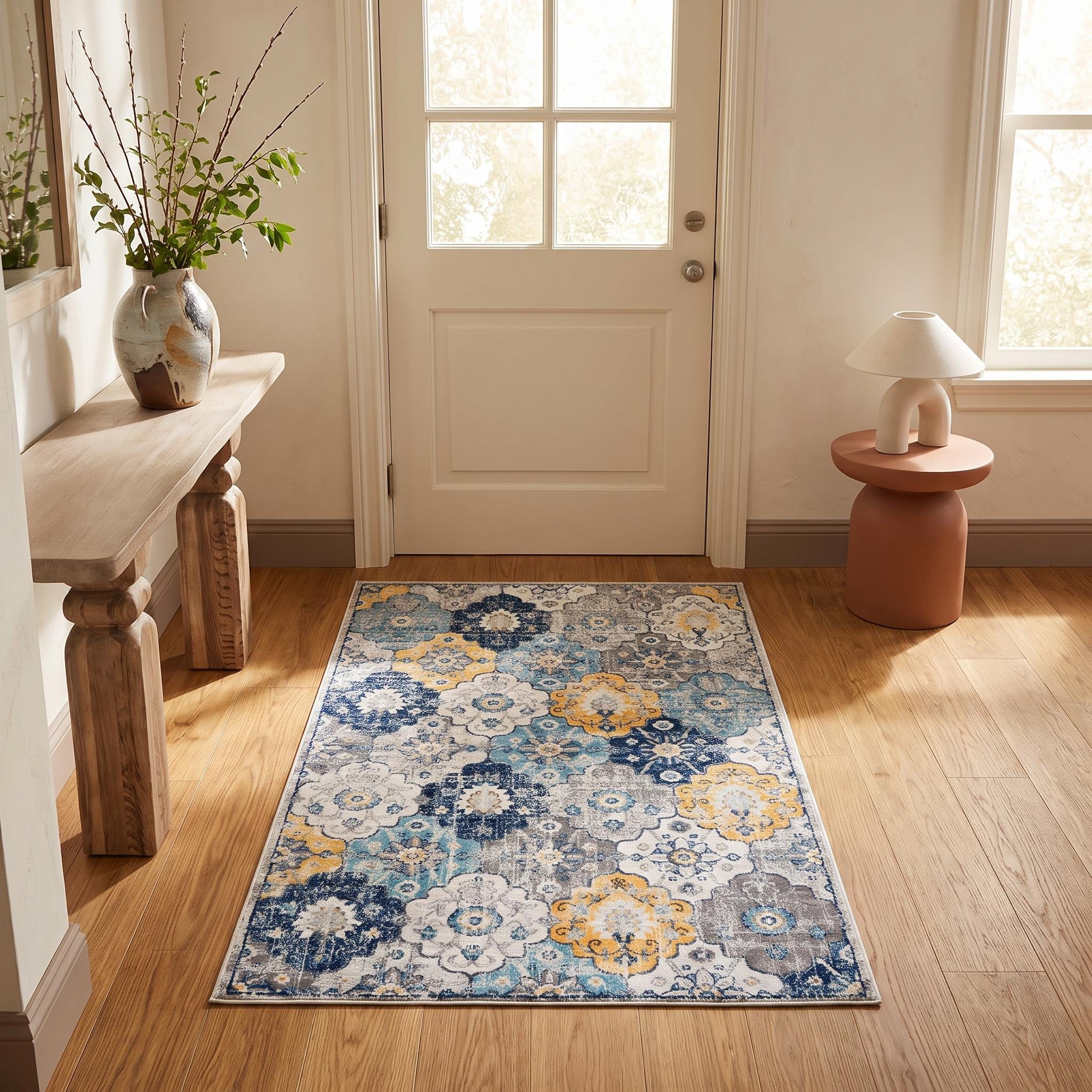 2' X 4' Blue and Yellow Floral Area Rug - Home & Garden