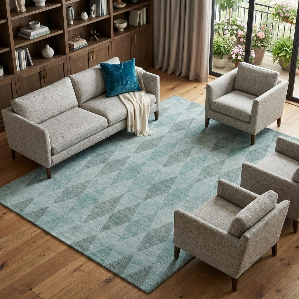 10' X 14' Teal And Gray Geometric Shag Washable Area Rug With UV Protection - Home & Garden