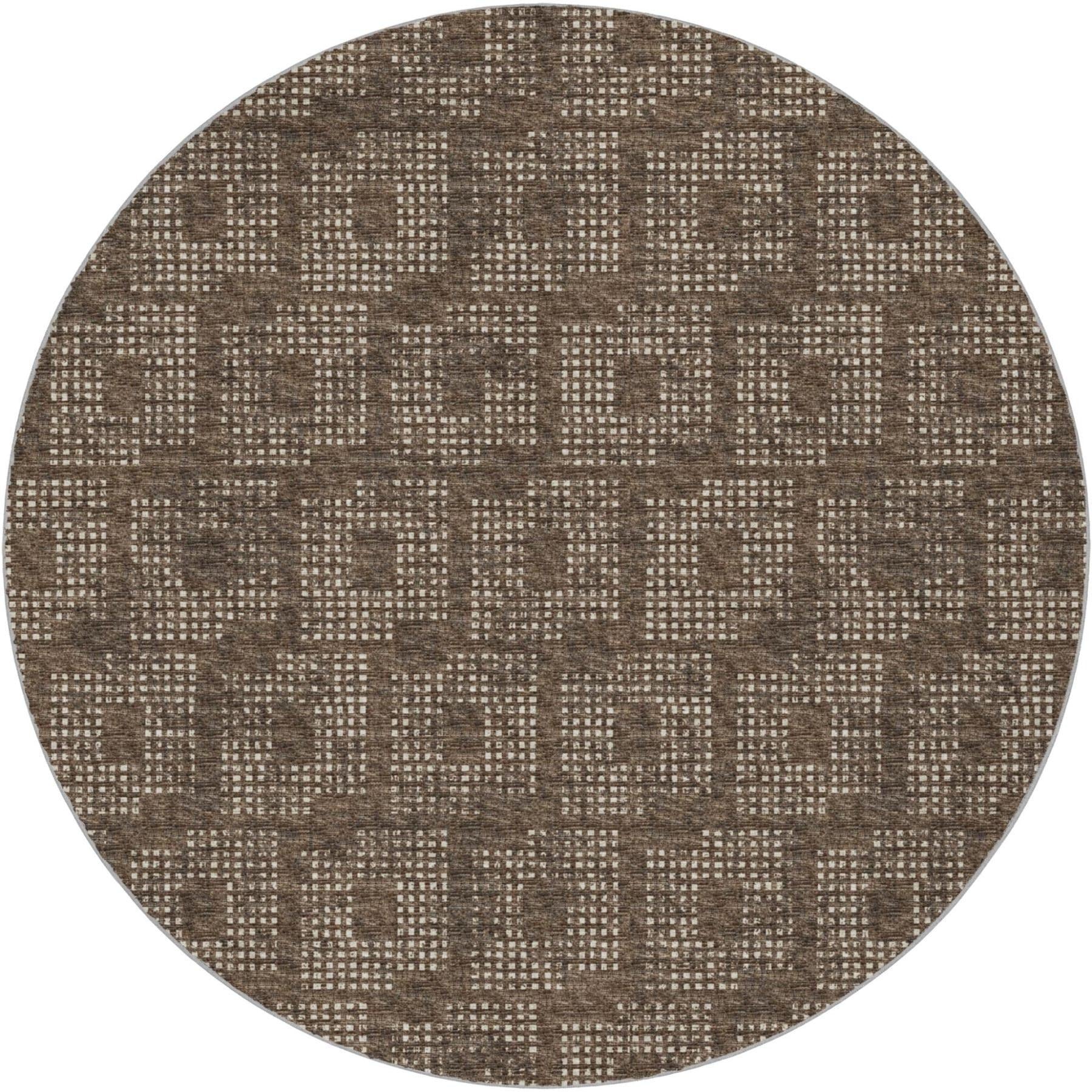 8' Brown And Beige Geometric Shag Washable Round Rug With UV Protection - Home & Garden