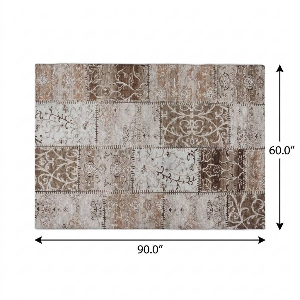 5' X 8' Beige And Brown Floral Shag Washable Area Rug With UV Protection - Home & Garden