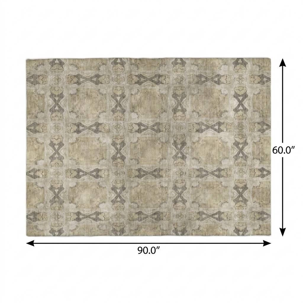 5' X 8' Beige And Gray Geometric Shag Washable Area Rug With UV Protection - Home & Garden