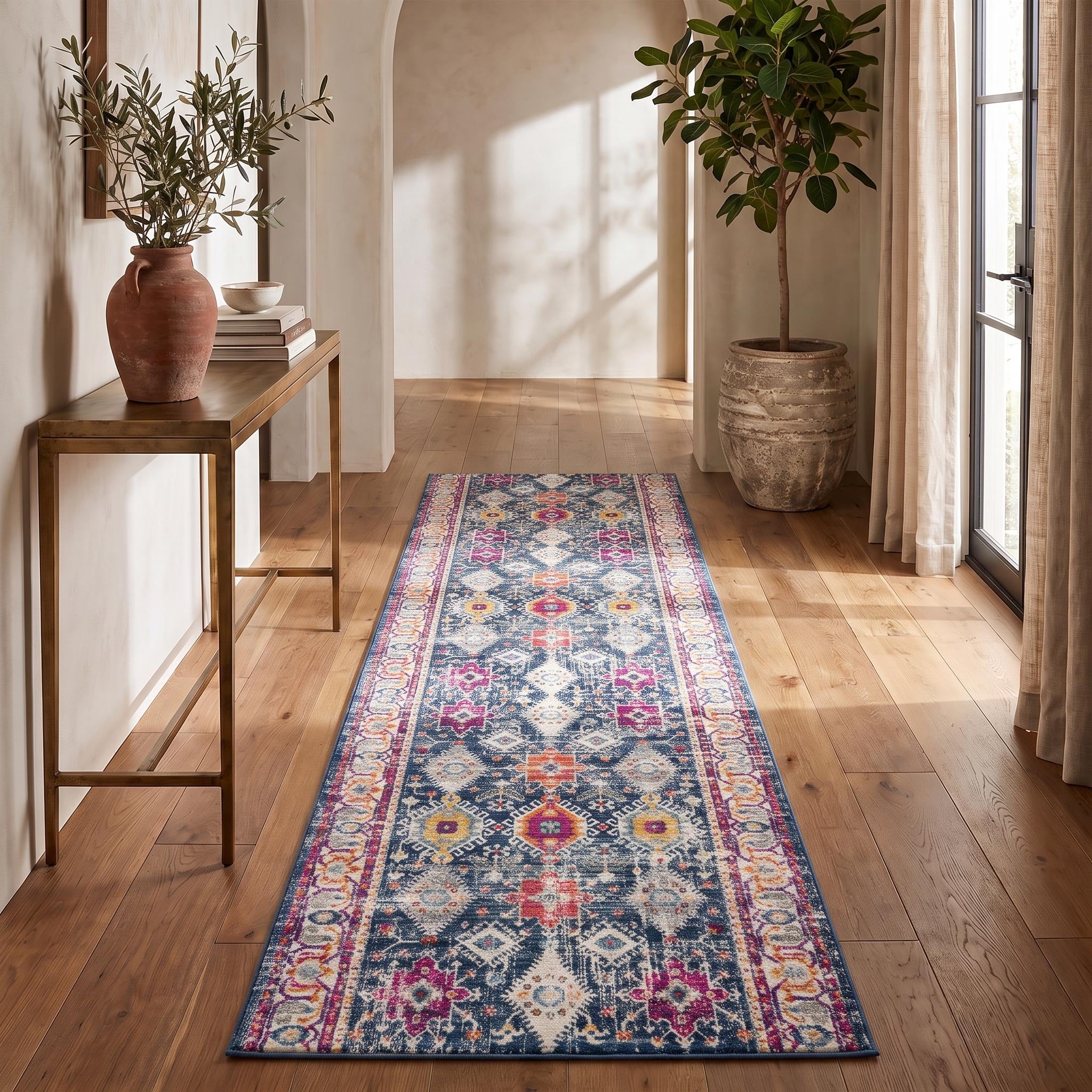 12' Blue And Ivory Oriental Runner Rug - Home & Garden