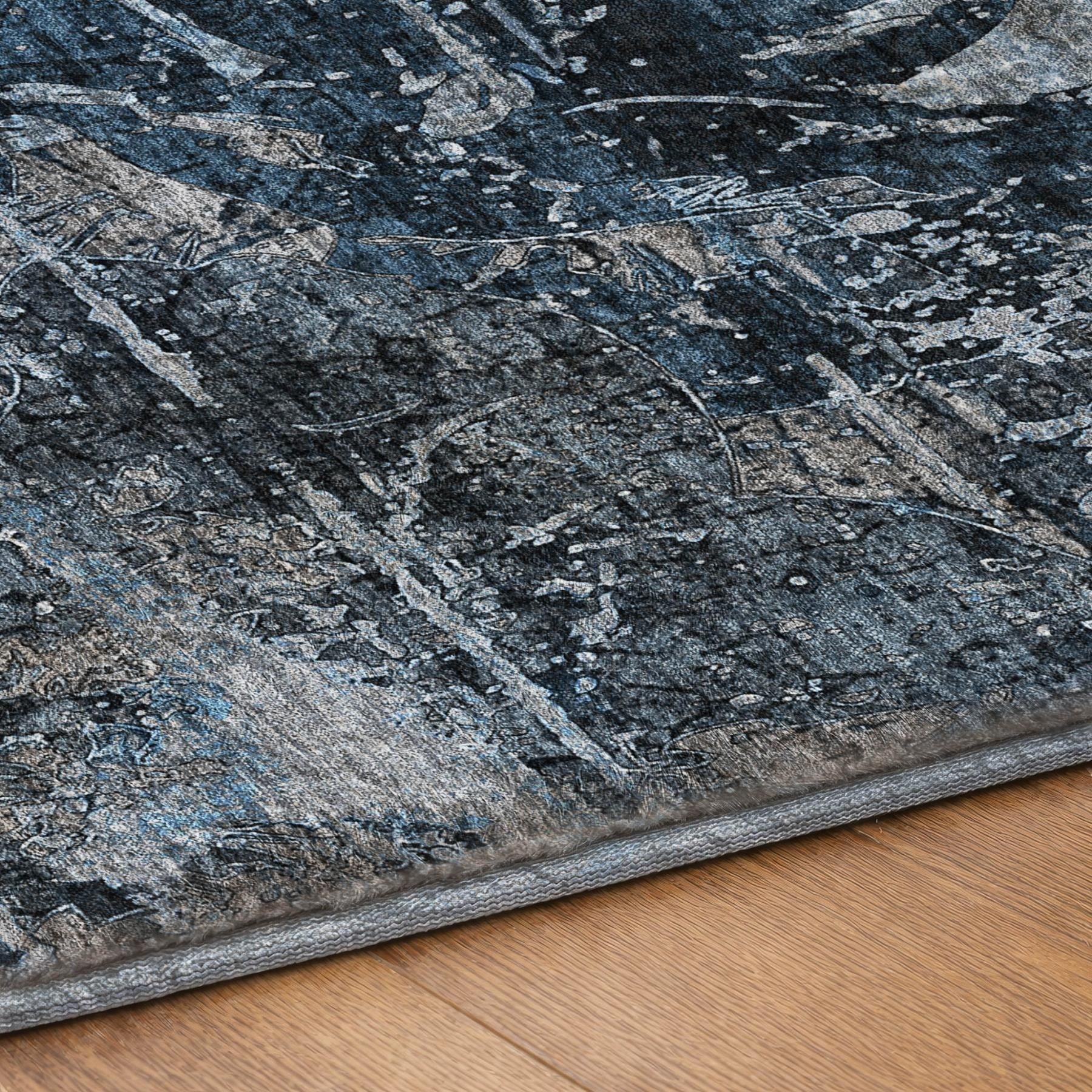 5' X 8' Denim Blue And Navy Blue Abstract Shag Washable Area Rug With UV Protection - Home & Garden