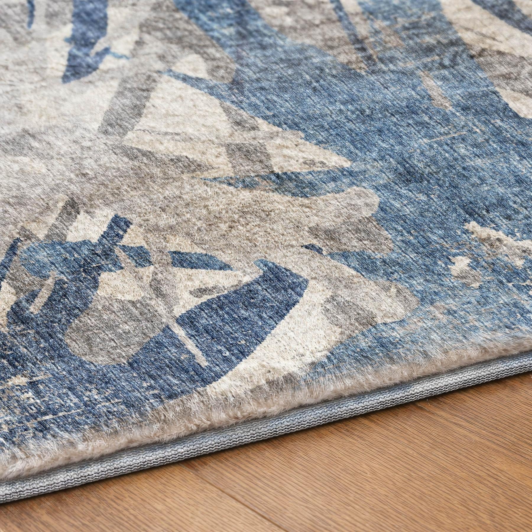 10' X 14' Blue And Navy Blue Abstract Shag Washable Area Rug With UV Protection - Home & Garden