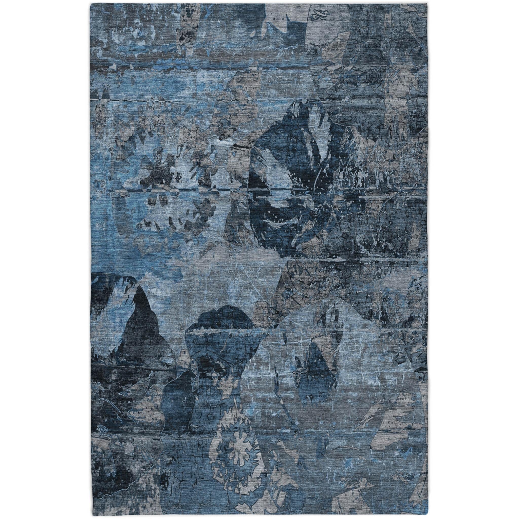 10' X 14' Denim Blue And Navy Blue Abstract Shag Washable Area Rug With UV Protection - Home & Garden