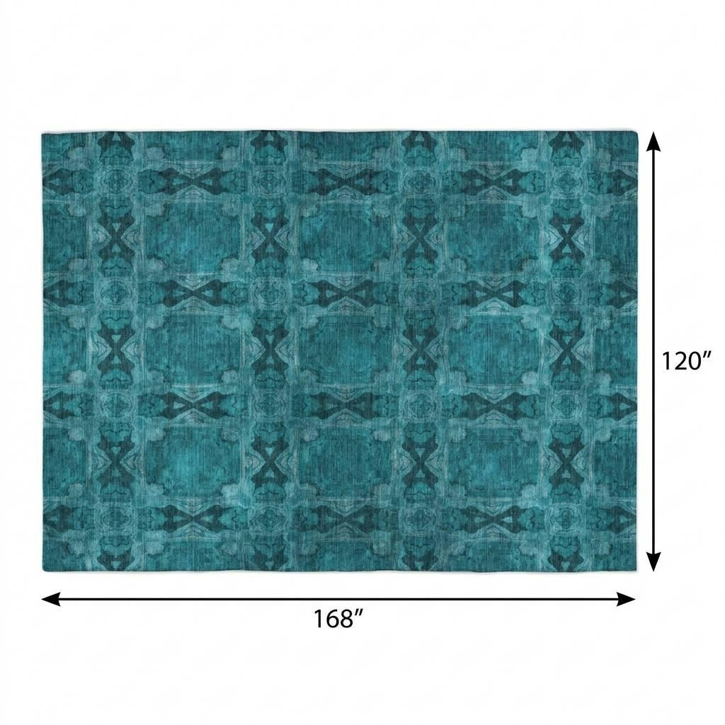 10' X 14' Teal And Charcoal Geometric Shag Washable Area Rug With UV Protection - Home & Garden