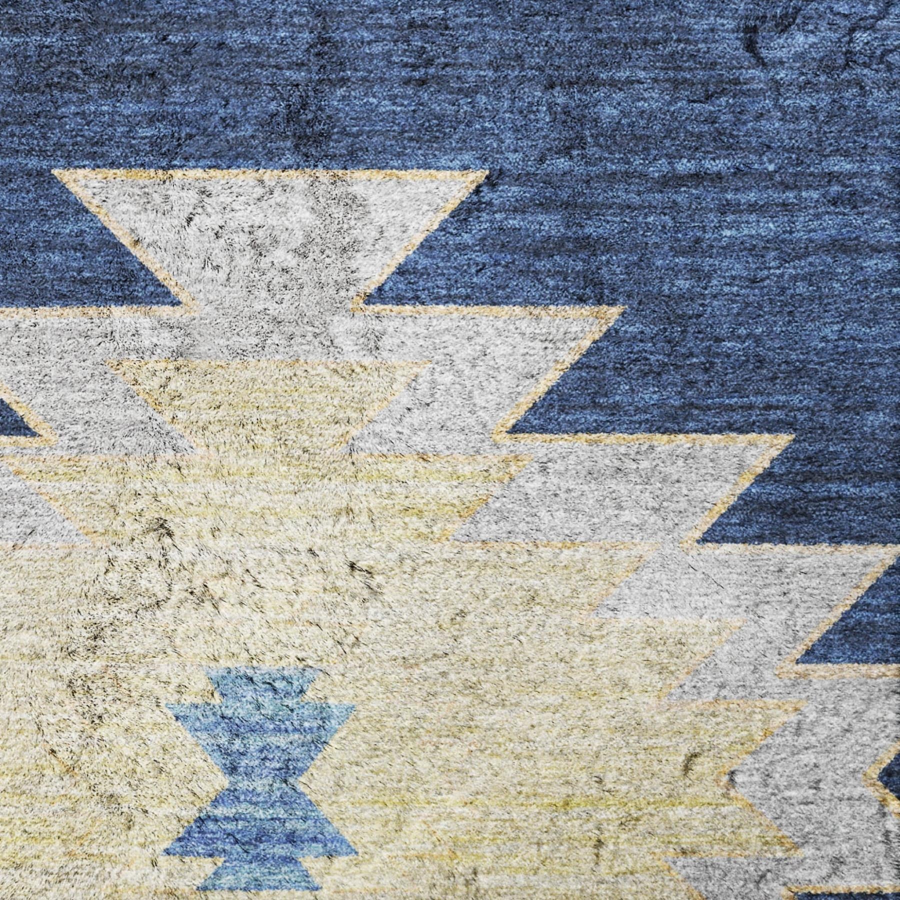 3' X 5' Blue And Cobalt Geometric Shag Washable Area Rug With UV Protection - Home & Garden