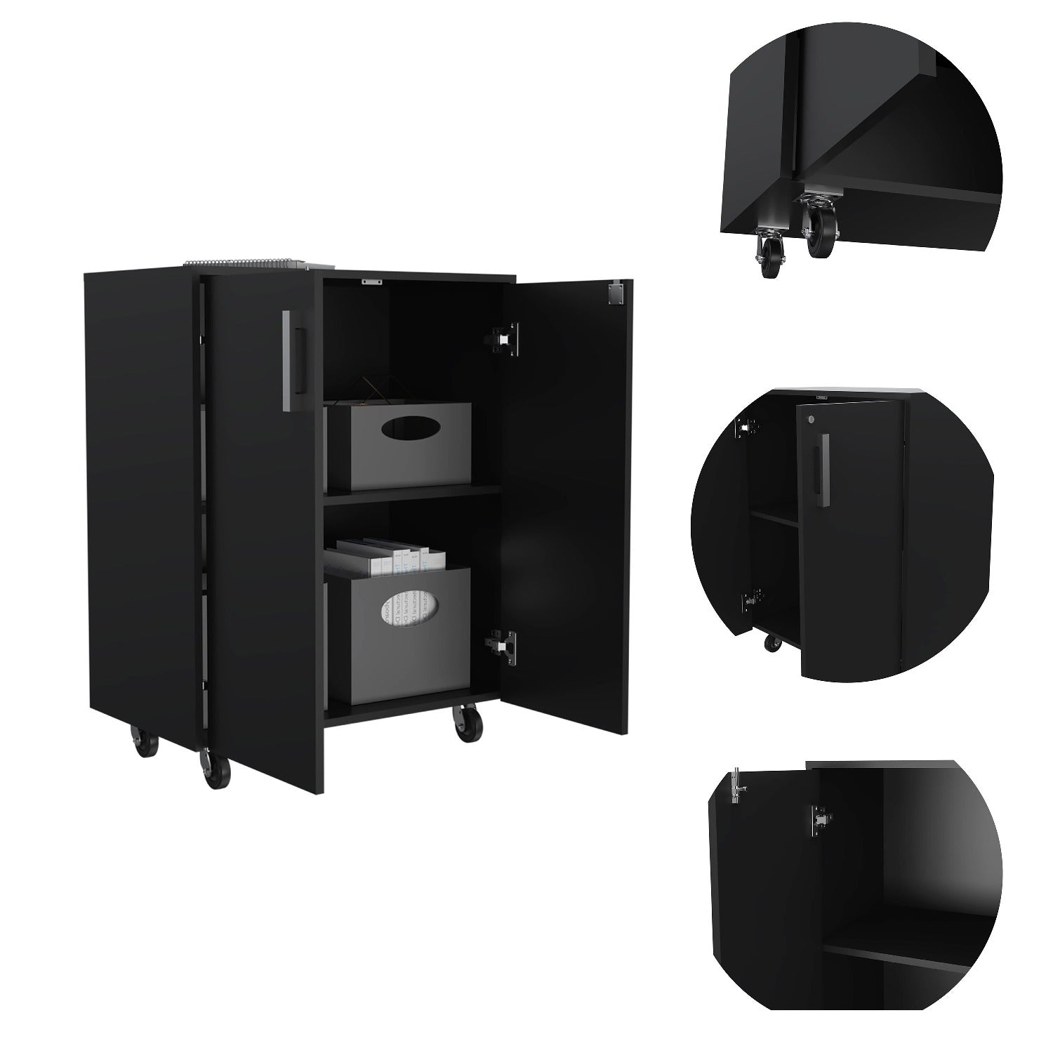 35" Black Wood Rolling Storage Cabinet With Two Doors - Kitchen & Dining