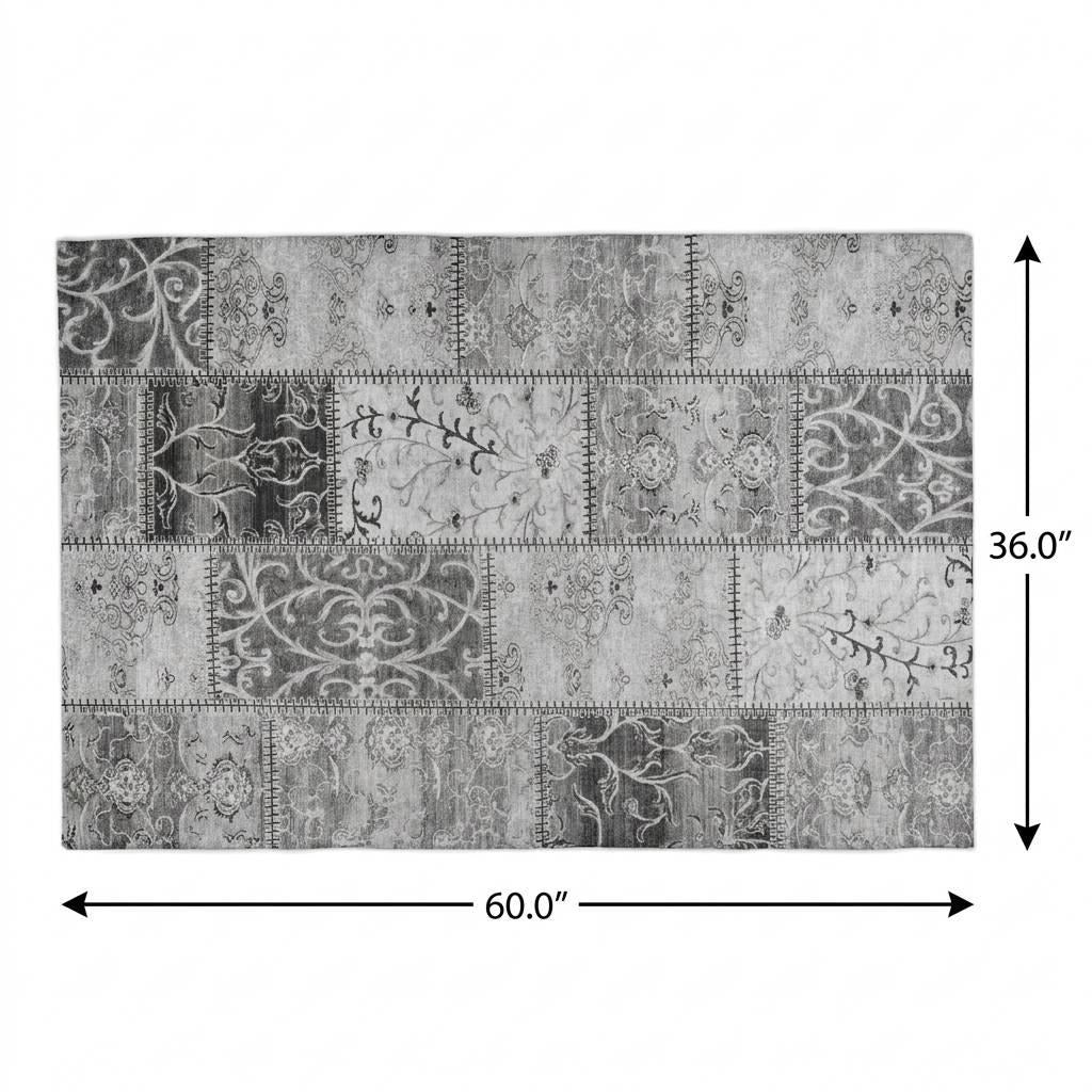 3' X 5' Gray And Silver Floral Shag Washable Area Rug With UV Protection - Home & Garden