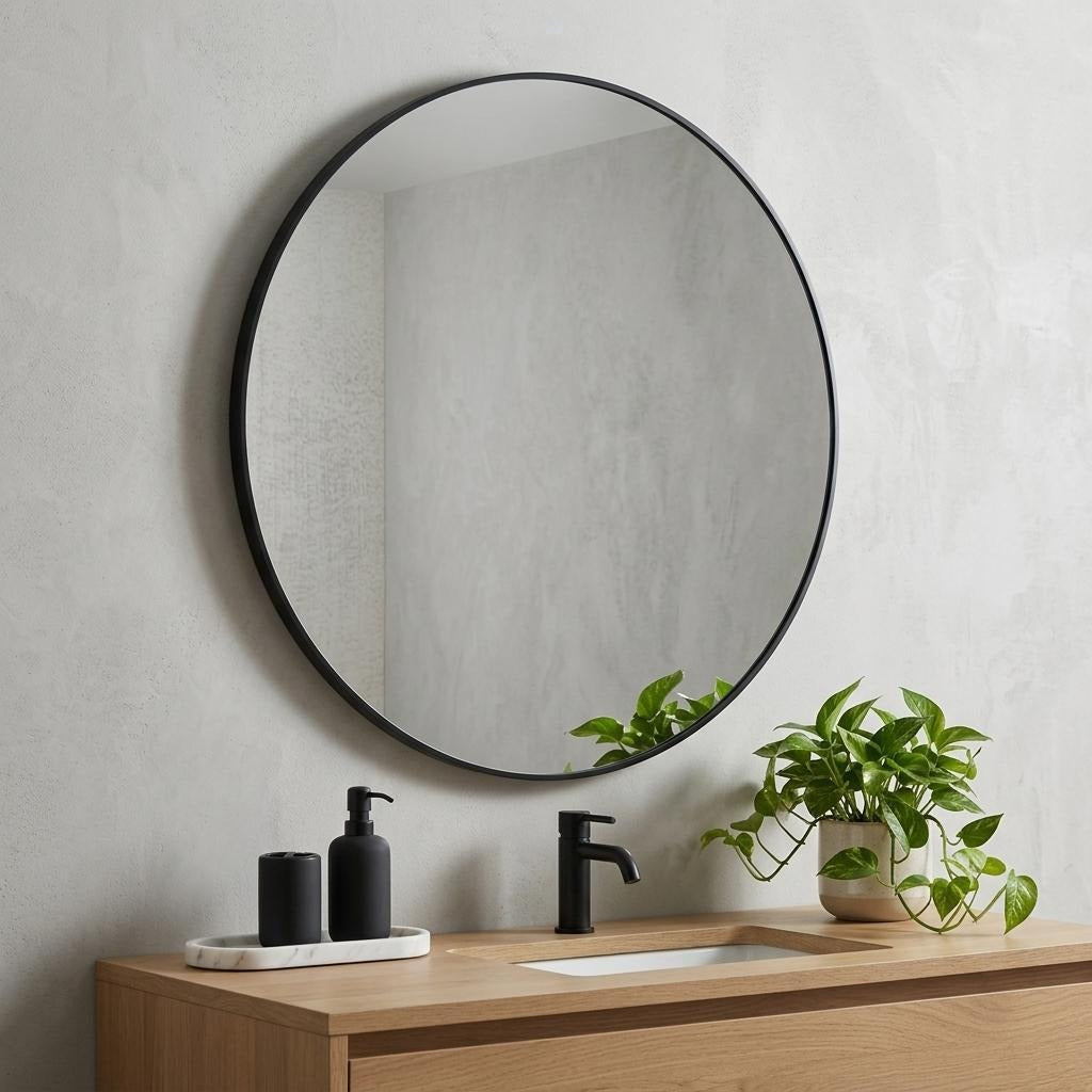 32" Black Aluminum Round Framed Bathroom Vanity Mirror - Bed & Bath