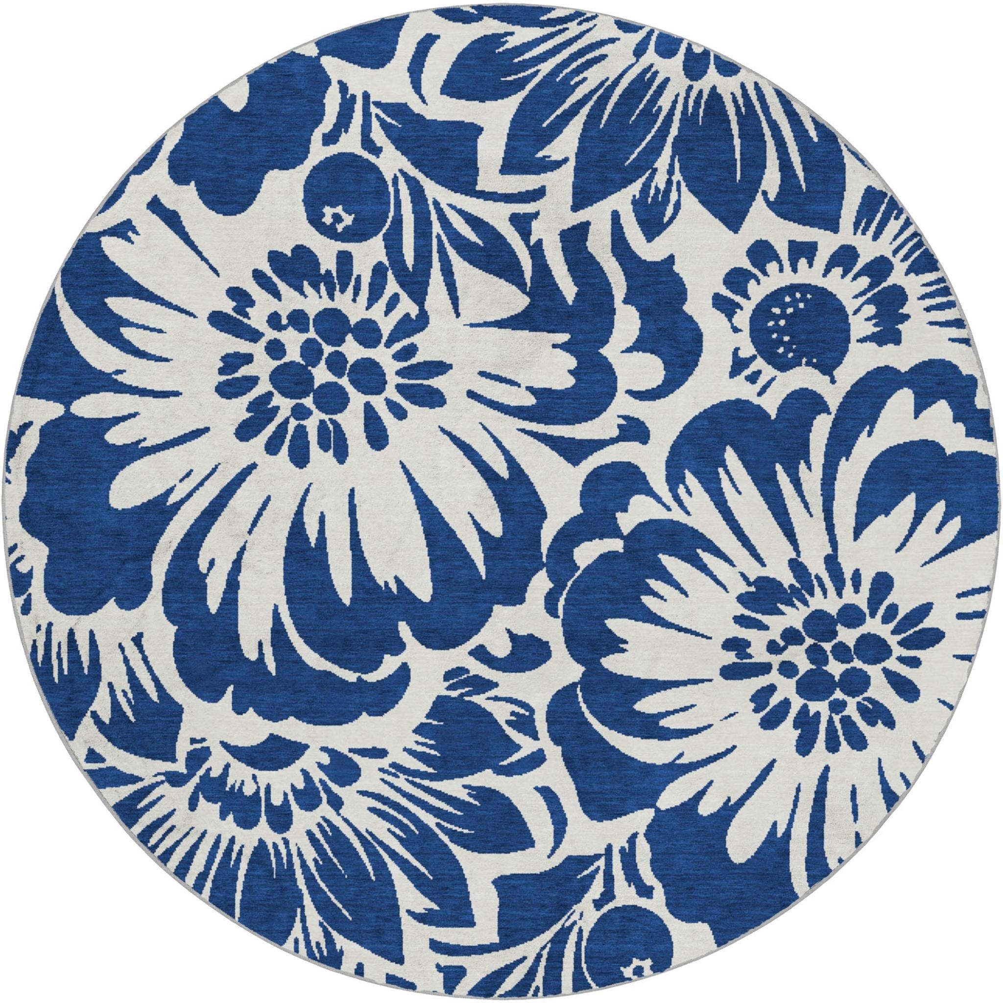 8' Navy Blue And Ivory Floral Shag Washable Round Rug With UV Protection - Home & Garden