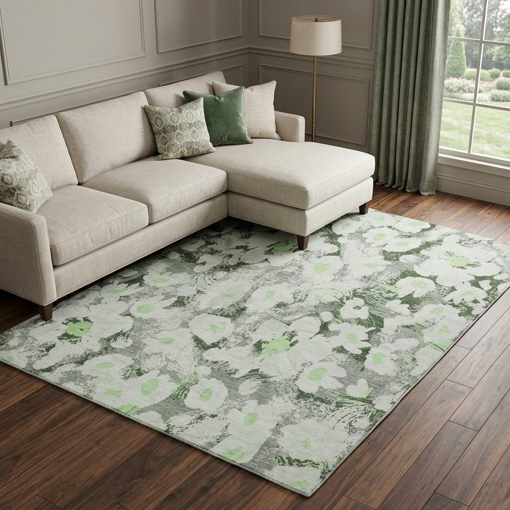 10' X 14' Green And Gray Floral Shag Washable Area Rug With UV Protection - Home & Garden