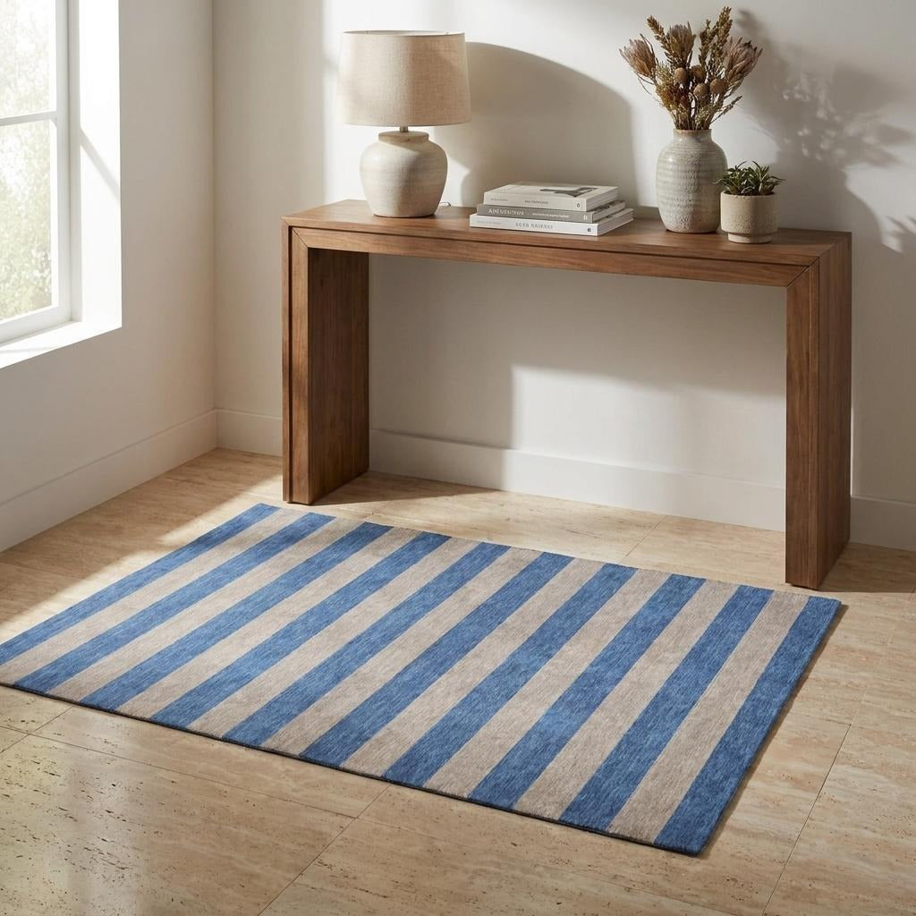 3' X 5' Tan And Navy Blue Striped Shag Washable Area Rug With UV Protection - Home & Garden