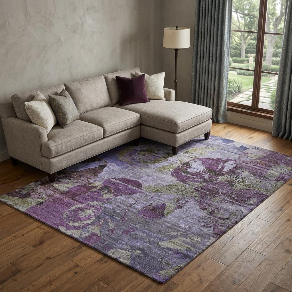 10' X 14' Purple And Gray Abstract Shag Washable Area Rug With UV Protection - Home & Garden