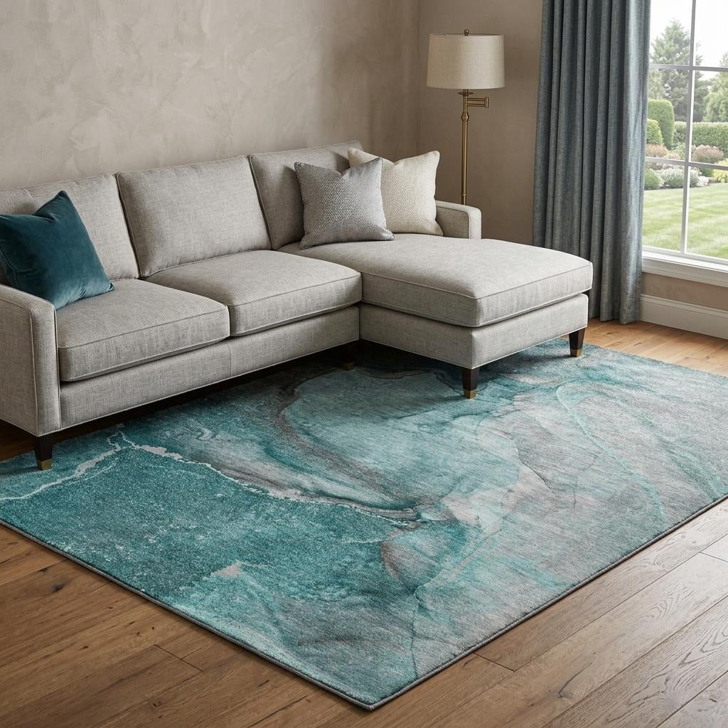 10' X 14' Teal And Gray Abstract Shag Washable Area Rug With UV Protection - Home & Garden