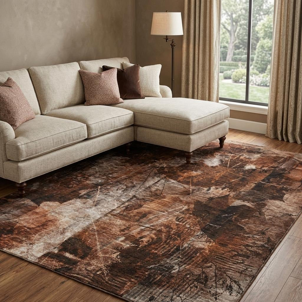 10' X 14' Orange And Charcoal Floral Shag Washable Area Rug With UV Protection - Home & Garden