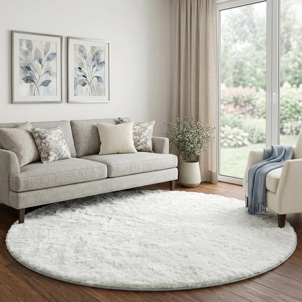 8' Navy Blue And Ivory Floral Shag Washable Round Rug With UV Protection - Home & Garden