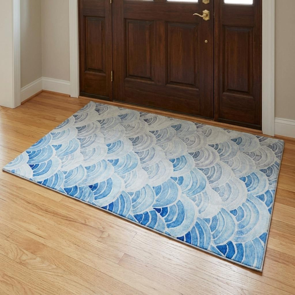 3' X 5' Blue And Denim Blue Geometric Shag Washable Area Rug With UV Protection - Home & Garden