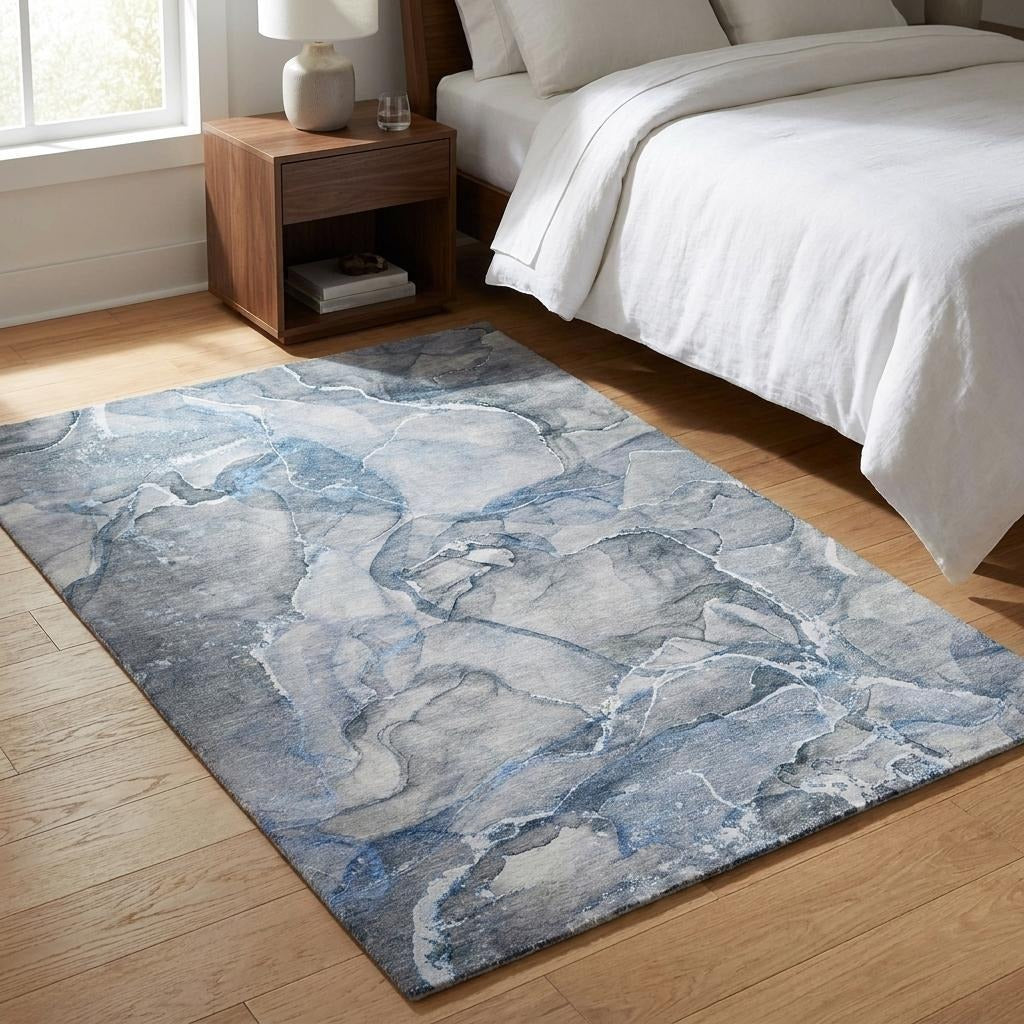 3' X 5' Blue And Gray Abstract Shag Washable Area Rug With UV Protection - Home & Garden