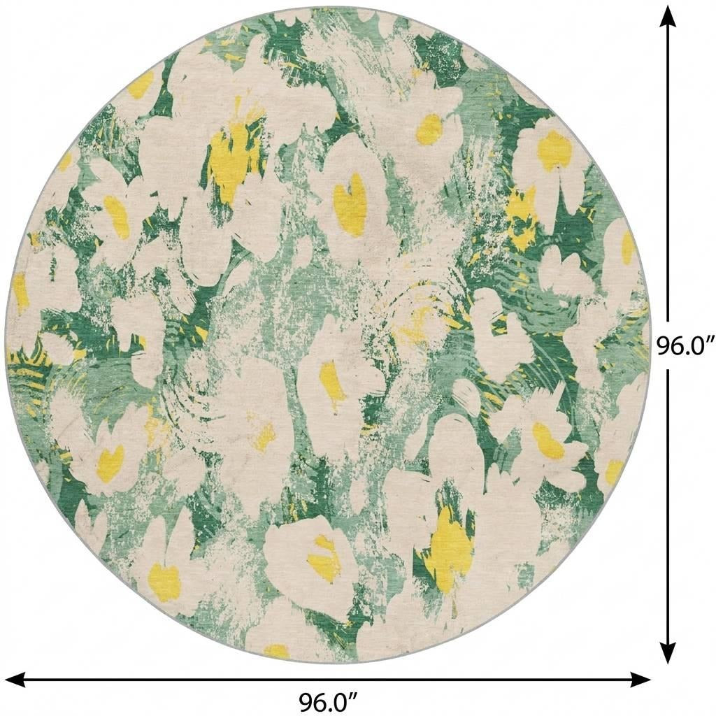 8' Green And Gold Floral Shag Washable Round Rug With UV Protection - Home & Garden