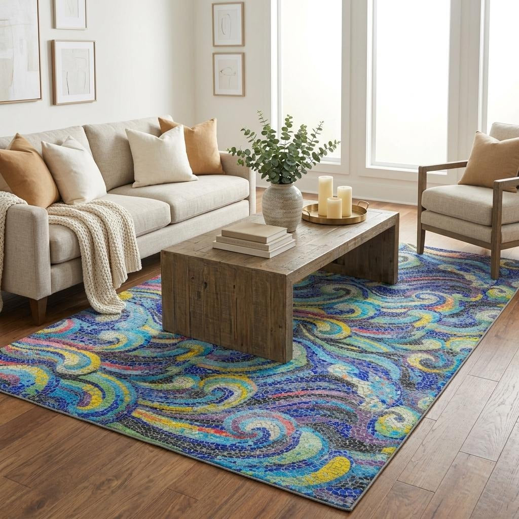 5' X 8' Blue And Red Abstract Shag Washable Area Rug With UV Protection - Home & Garden