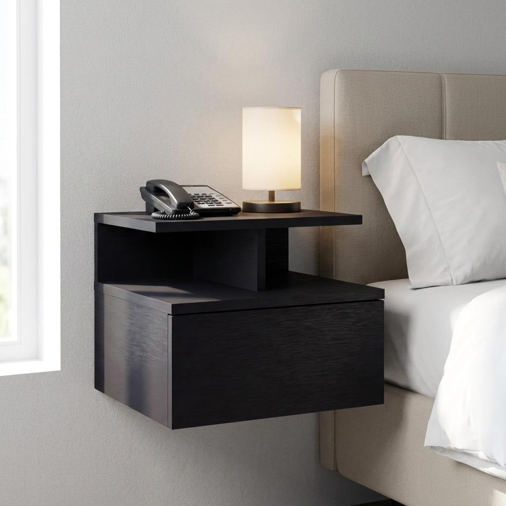 12" Black Wood One Drawer Floating Nightstand - Bed & Bath