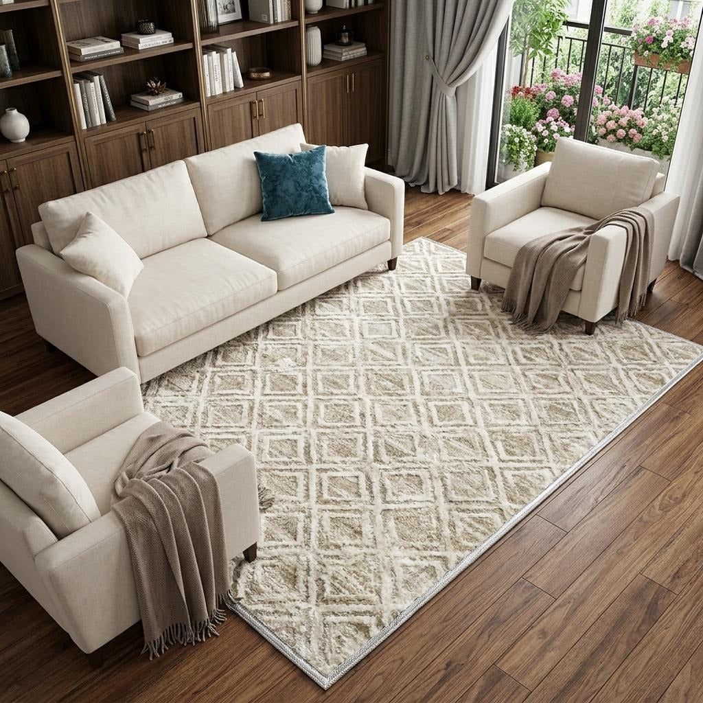 10' X 14' Beige And Ivory Geometric Shag Washable Area Rug With UV Protection - Home & Garden