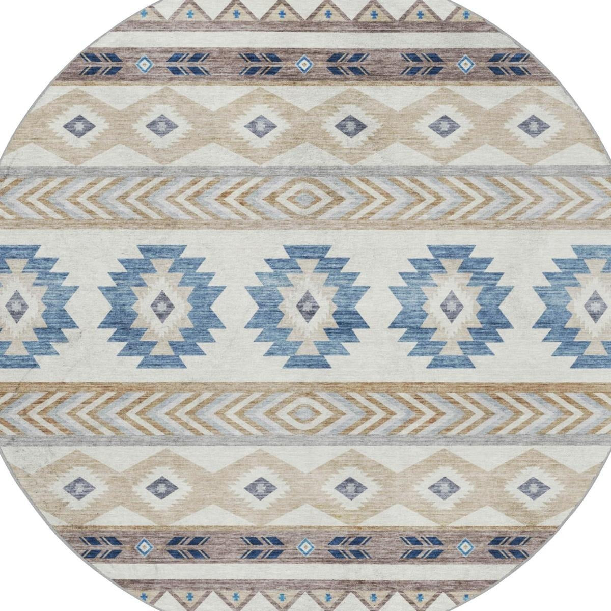 8' Taupe And Ivory Geometric Shag Washable Round Rug With UV Protection - Home & Garden