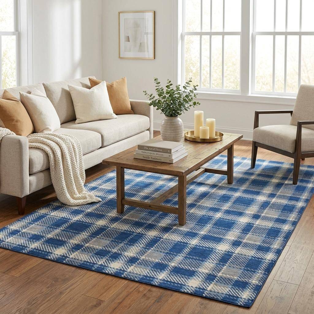 5' X 8' Navy Blue And Denim Blue Plaid Shag Washable Area Rug With UV Protection - Home & Garden