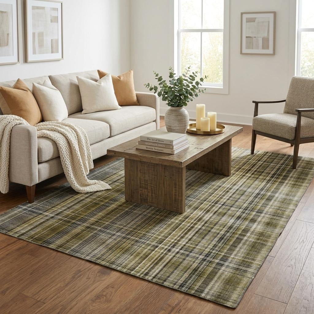 5' X 8' Taupe And Gray Plaid Shag Washable Area Rug With UV Protection - Home & Garden