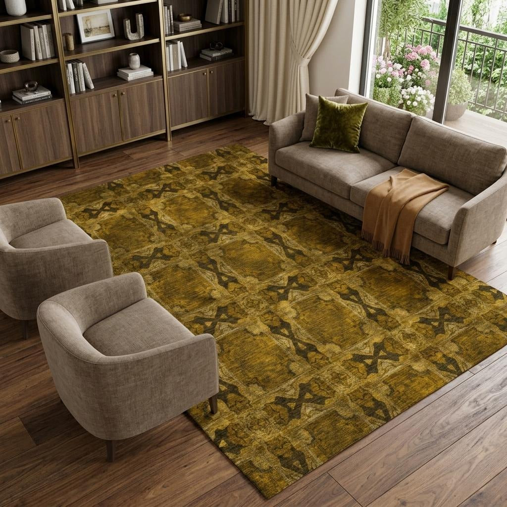 10' X 14' Chocolate And Gold Geometric Shag Washable Area Rug With UV Protection - Home & Garden