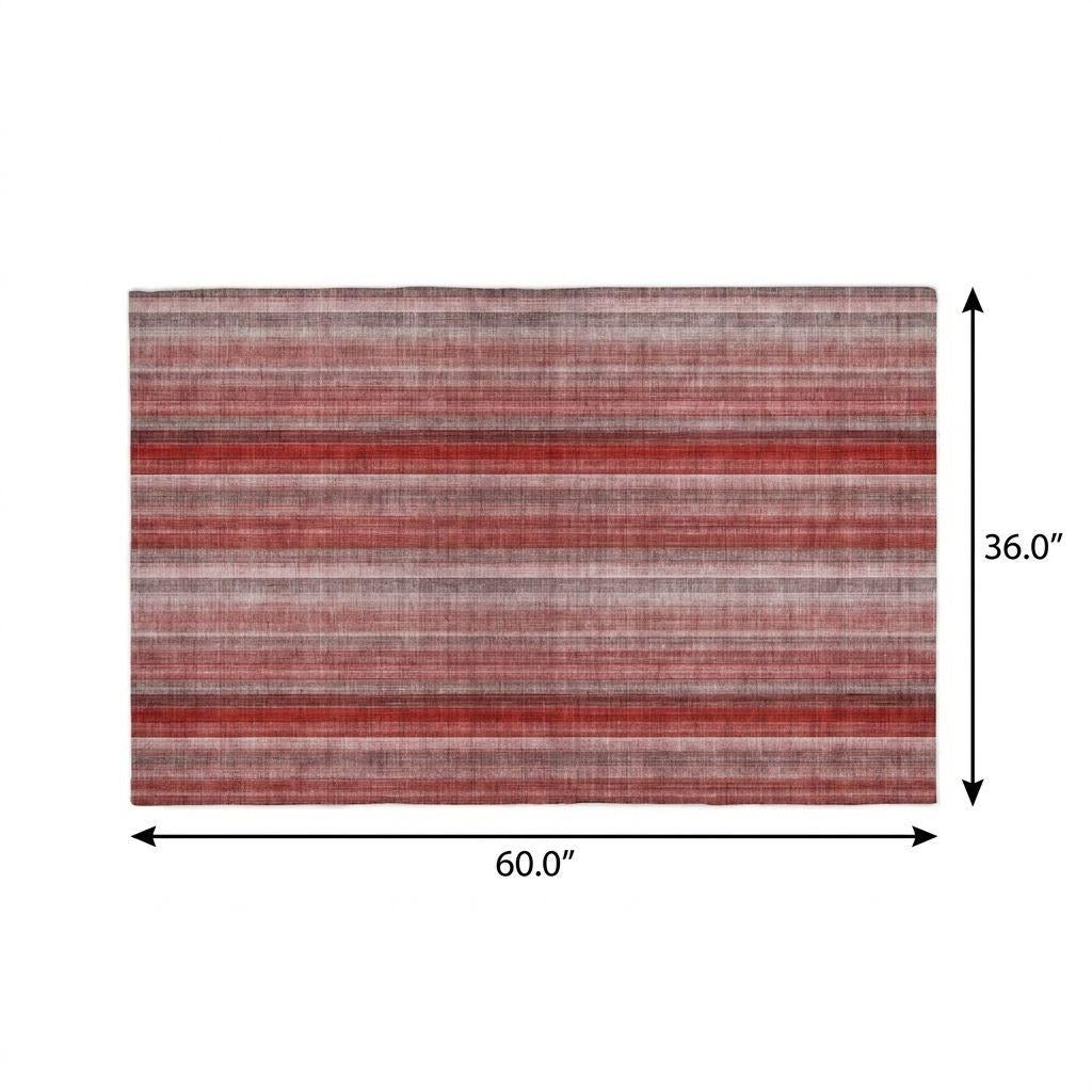 3' X 5' Red And Gray Striped Shag Washable Area Rug With UV Protection - Home & Garden