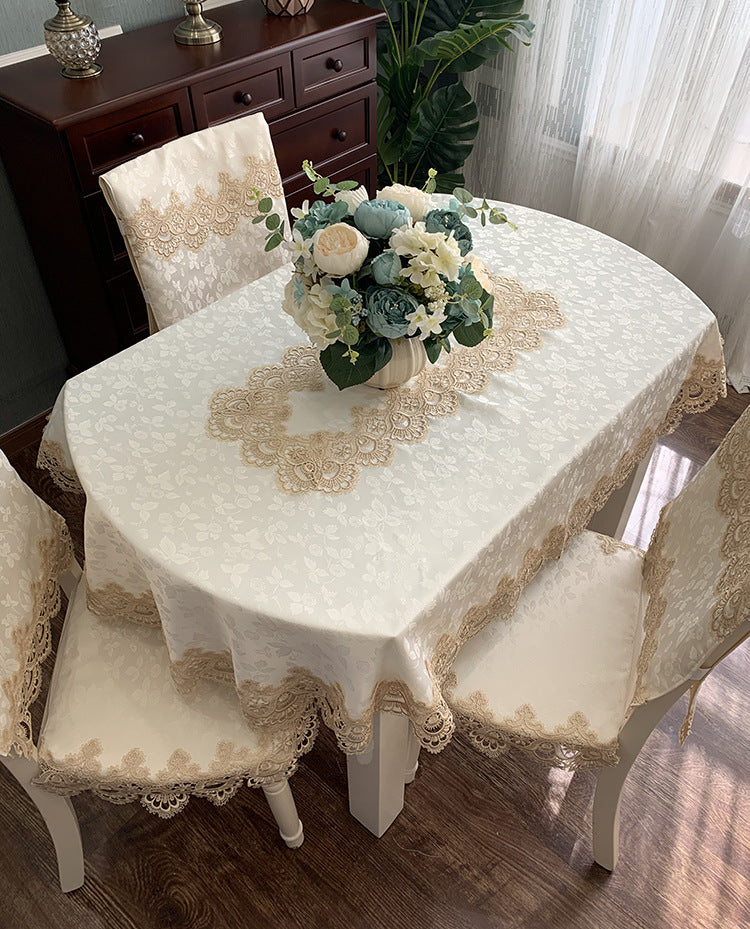 European Style Lace Oval Table Cloth Fabric Coffee Table Nordic Dining Table Table Cloth Chair Cover Set American Modern Simple E