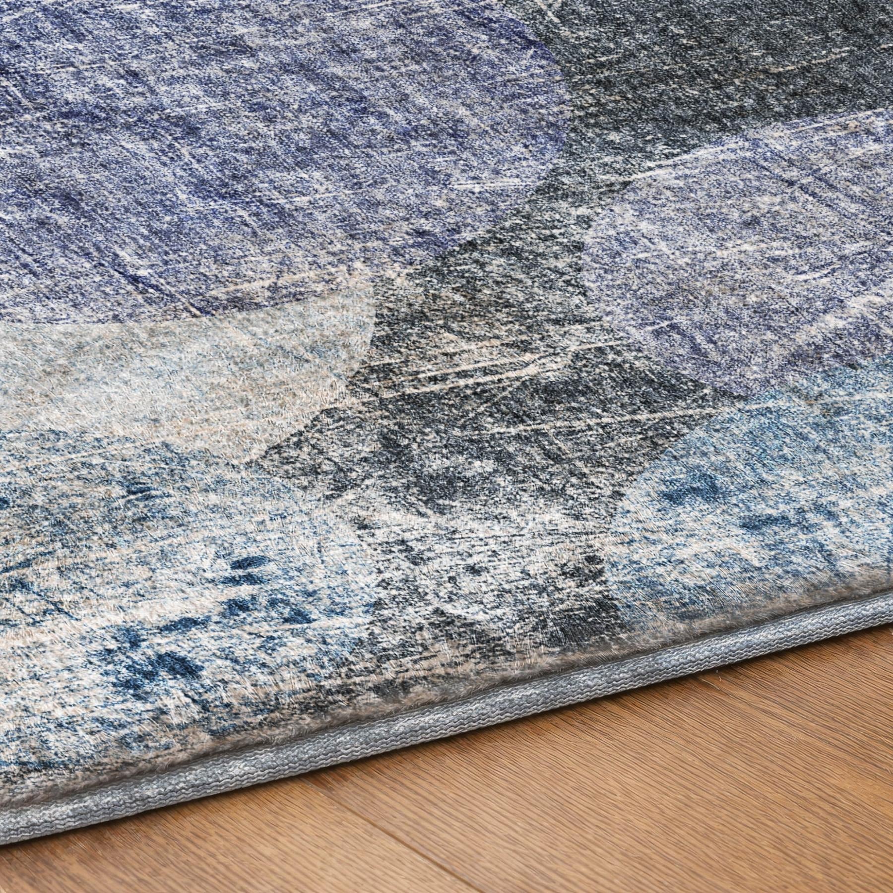 5' X 8' Blue And Denim Blue Geometric Shag Washable Area Rug With UV Protection - Home & Garden