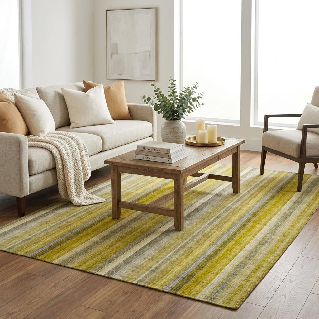 5' X 8' Gold And Gray Striped Shag Washable Area Rug With UV Protection - Home & Garden
