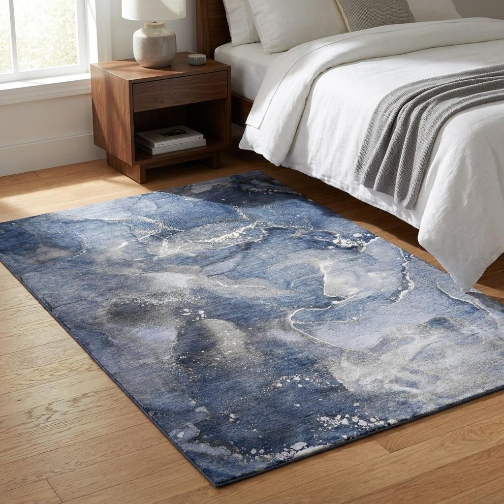 3' X 5' Navy Blue And Blue Abstract Shag Washable Area Rug With UV Protection - Home & Garden
