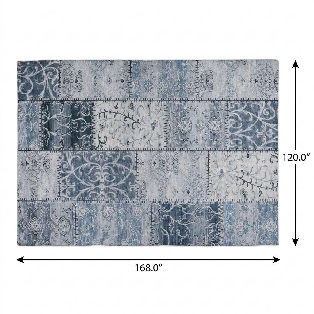 10' X 14' Denim Blue And Blue Floral Shag Washable Area Rug With UV Protection - Home & Garden