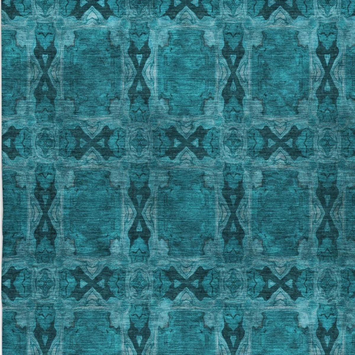 5' X 8' Teal And Charcoal Geometric Shag Washable Area Rug With UV Protection - Home & Garden