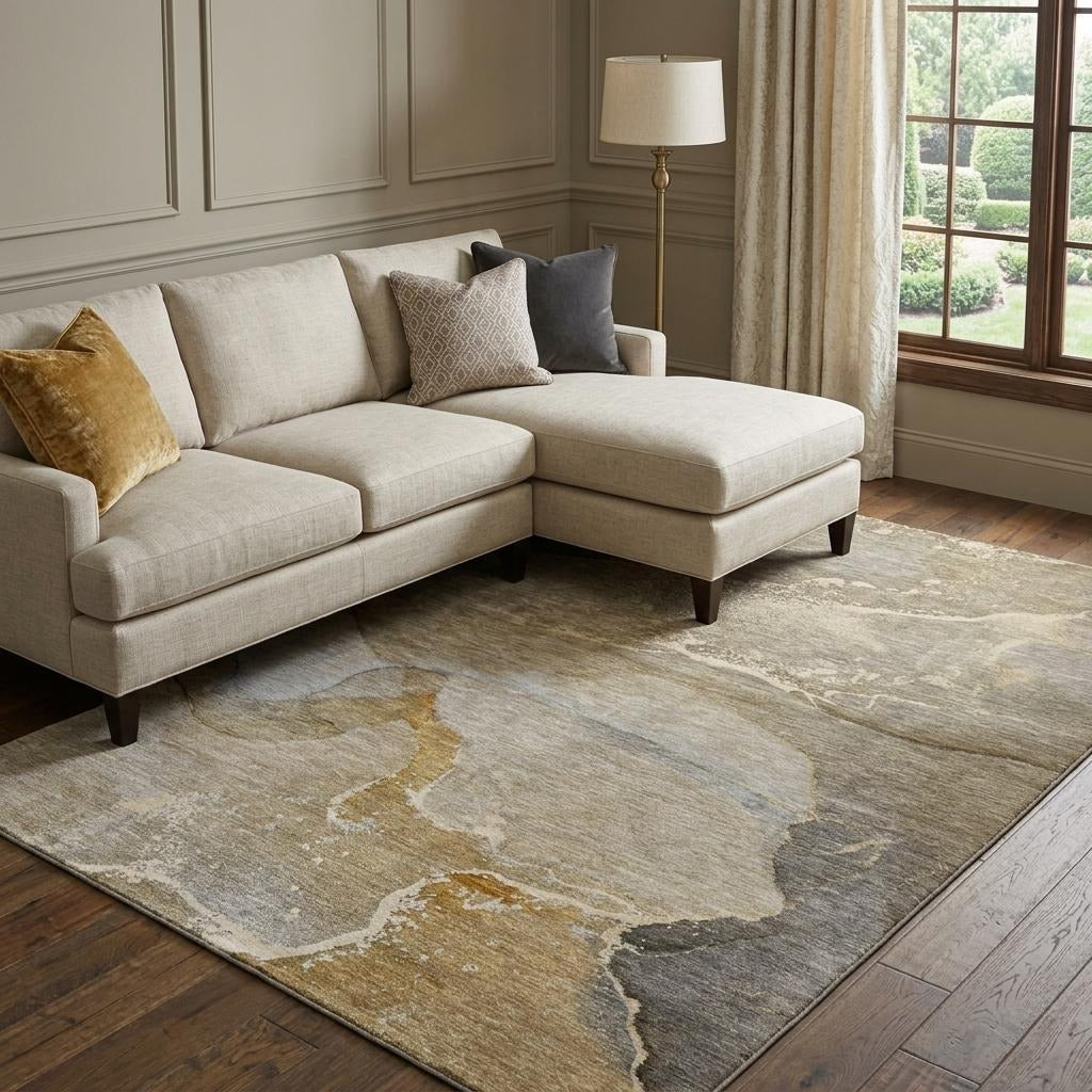 10' X 14' Brown And Taupe Abstract Shag Washable Area Rug With UV Protection - Home & Garden