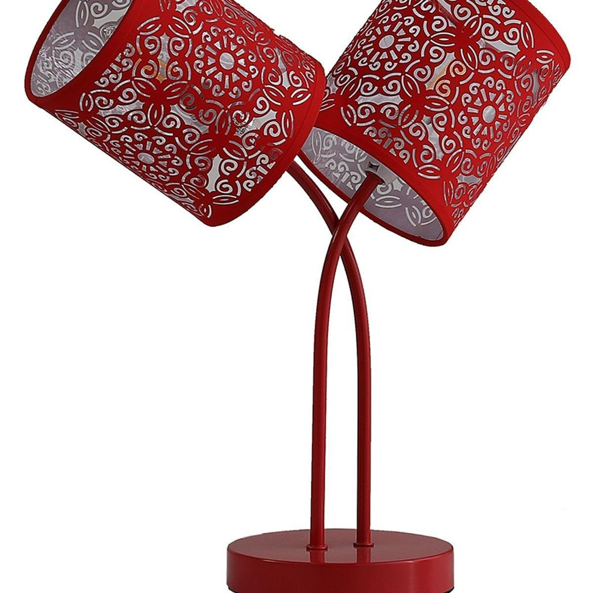 17" Red Metal Two Light Table Lamp With Red Abstract Drum Shade - Lighting