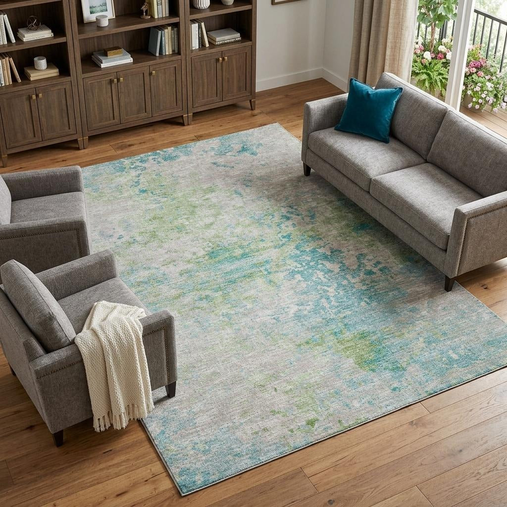 10' X 14' Green And Teal Abstract Shag Washable Area Rug With UV Protection - Home & Garden