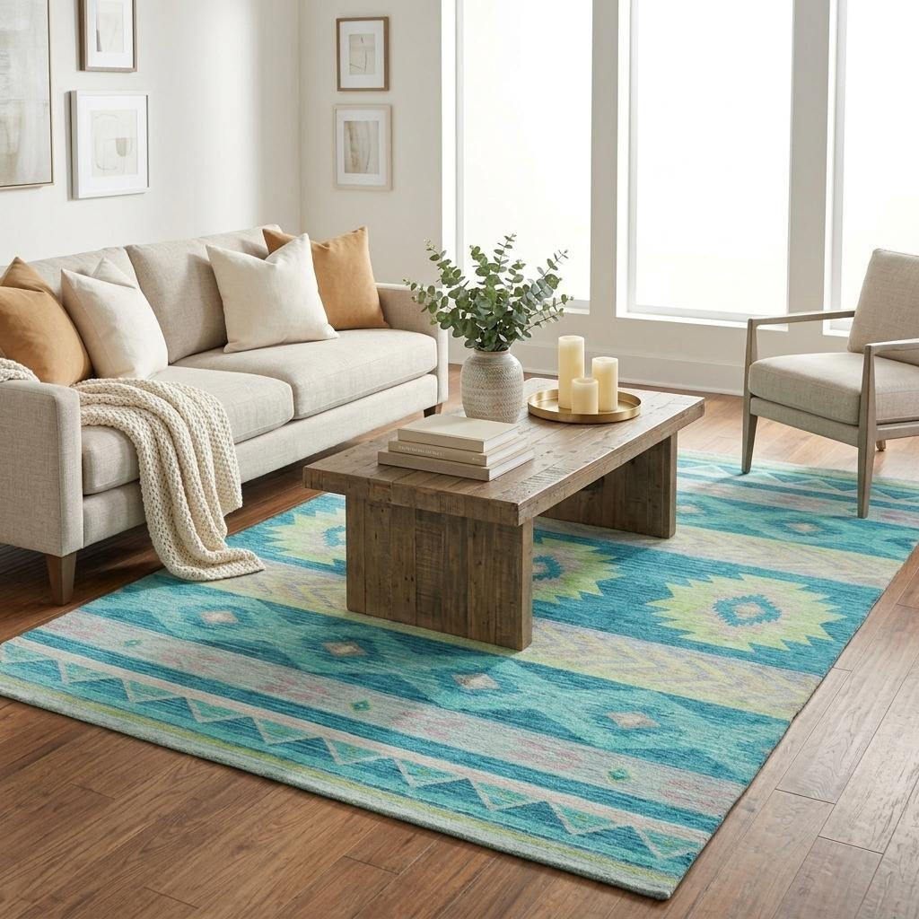 5' X 8' Teal And Lime Green Geometric Shag Washable Area Rug With UV Protection - Home & Garden