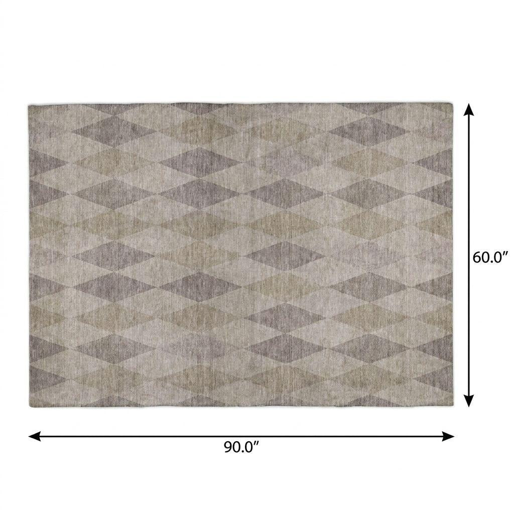 5' X 8' Beige And Gray Geometric Shag Washable Area Rug With UV Protection - Home & Garden