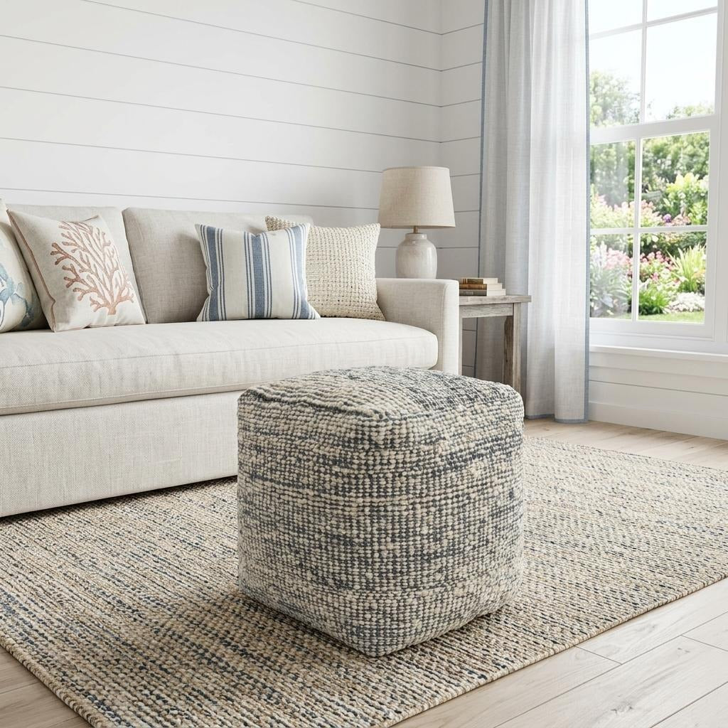 18" Blue and Ivory Cotton Jute and Wool Striped Cube Pouf Ottoman - Living Room