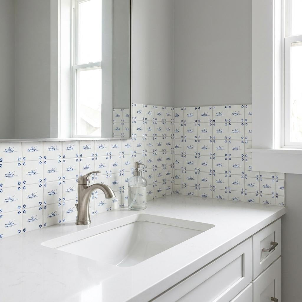 4" x 4" Blue Vinyl Arabesque Peel And Stick Removable Tiles - Home & Garden