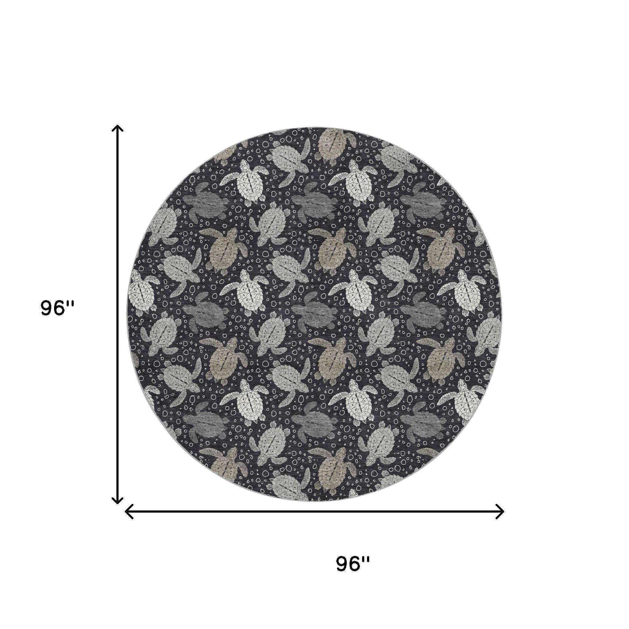 8' Midnight And Taupe Animal Print Shag Washable Round Rug With UV Protection - Home & Garden