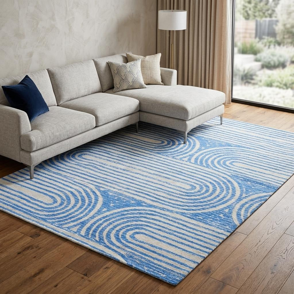 10' X 14' Blue And Ivory Geometric Shag Washable Area Rug With UV Protection - Home & Garden